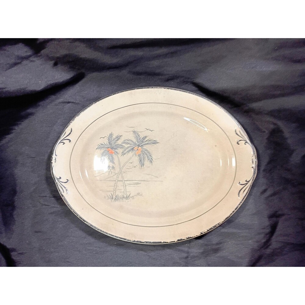 Vintage Crown Ivory China Platter Black Palm Red Coconut